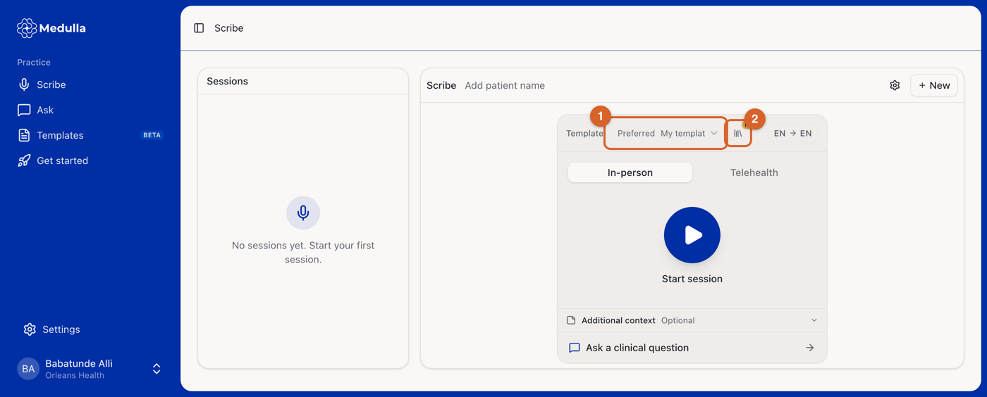 The template picker on the Scribe start card