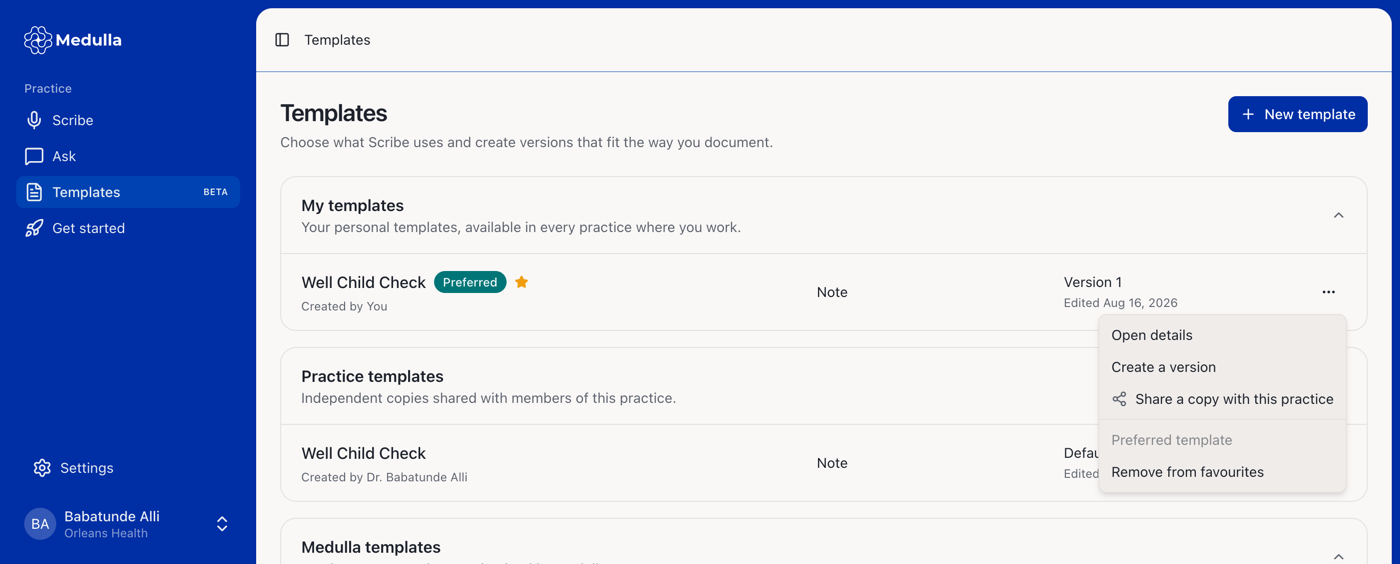 Quick actions on a template row